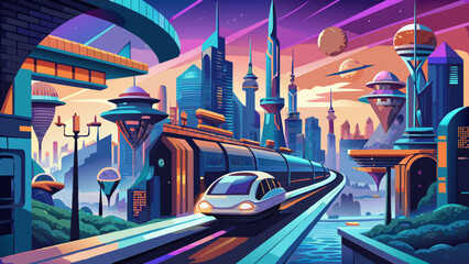 Time Warp travel scene with retrofuturist cityscape in bold vector style