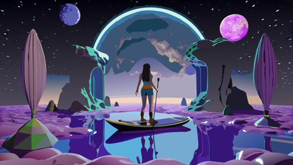 Surreal frontier vectors in bold. Traveler explores a floating world.