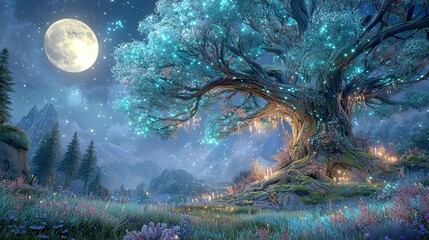 A mystical tree glowing under the moonlight.