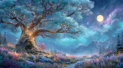 A mystical tree under a bright moonlit sky.