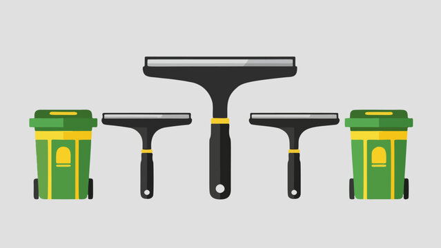 Graphic illustration of squeegee tools and recycling bins