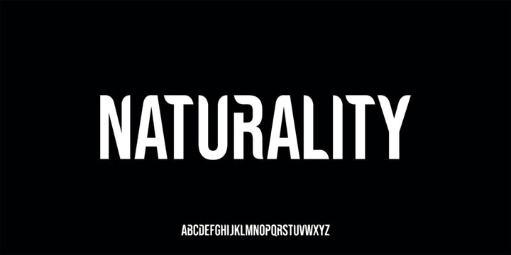 A vector illustration of a modern sans serif alphabet font featuring tall, slender, and bold letterforms. Each character features a unique curved cut, giving it a natural, futuristic feel.