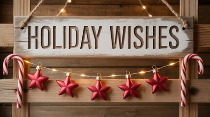 Rustic wooden sign with glowing fairy lights and red star ornaments sends warm holiday wishes for cozy seasonal greetings