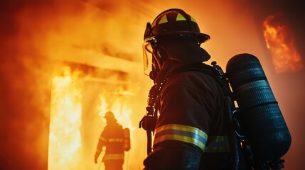 A firefighter in full gear battles a blaze inside a residential building while coordinating with teammates during a high-intensity emergency situation
