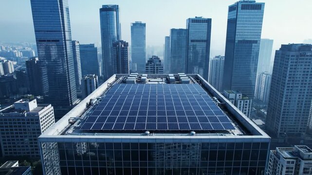 Discover a stunning aerial view of solar panels glistening on a skyscraper rooftop in a vibrant city. The morning sun highlights the gleaming tiles, promising a sustainable future.