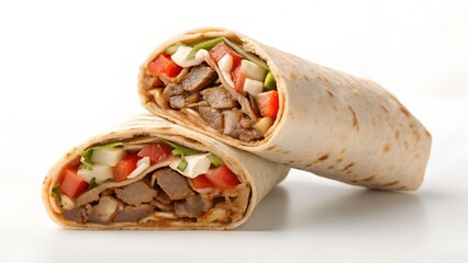 Delicious Shawarma Wrap Filled With Meat Tomatoes Cucumber and White Cheese