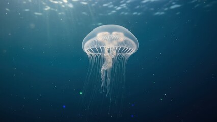 A jellyfish swimming in the ocean with sunlight filtering through the water.