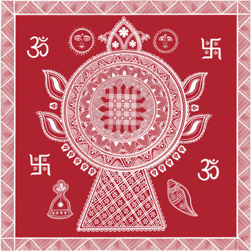 Traditional Aipan art, Duliarg chowki, a ceremonial platform using intricate white paste patterns against a red background, is set up at the bride's house during the wedding ceremony in Uttarakhand.
