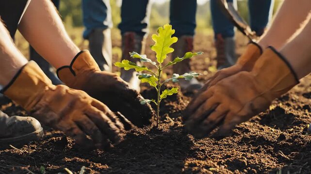 Under a bright sun, a group of passionate individuals gather in a lush field to nurture baby oak trees into the ground. Together, they work joyfully, hands in soil, creating a greener tomorrow.