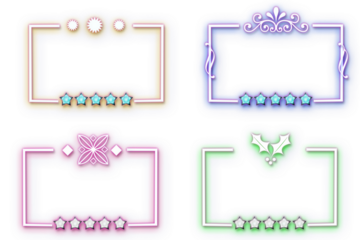 Neon colourful rectangle shape with holly, flowers, ornaments and stars frame. Glowing neon border isolated on transparent background. Shine glow light neon Banner, poster, card, wallpaper  elements. 