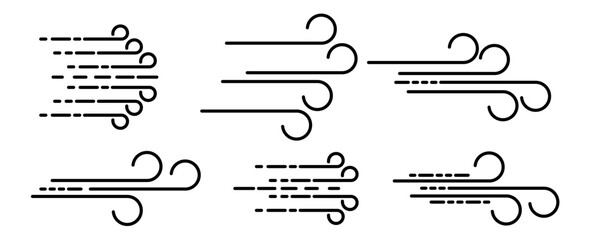 Wind Blow Line Icon Set Air Flow Symbols, Fresh Breeze Motion Lines, Cloud Air Speed Sign, Windy Weather Illustration, Storm Breeze Vector Elements for Forecast and Climate Designs - Vector