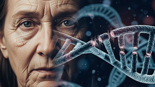 Aging portrait featuring a DNA double helix for the concept of genetics and health.