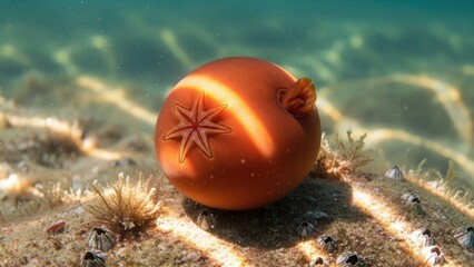 A vibrant orange starfish with a star-like appendage on its back, swimming in clear, shallow water with a sandy bottom.