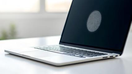 Laptop Displaying Fingerprint Scan Security Technology Symbol On Dark Screen With Soft Window Light