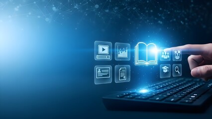 Hand interacting with futuristic digital interface on keyboard