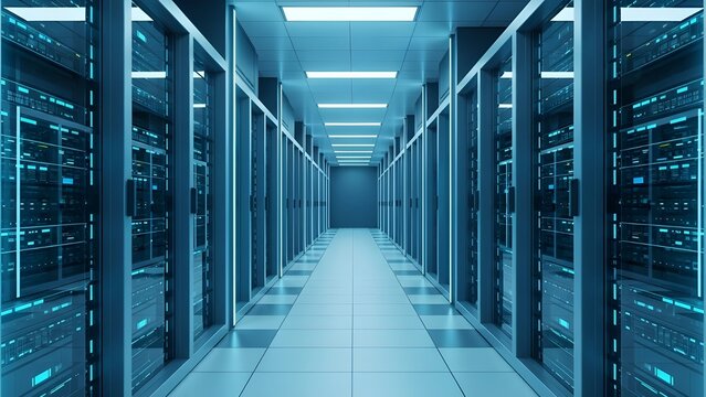 Long perspective of illuminated server racks in data center