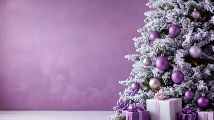 Flocked Christmas tree with sparkling purple and silver ornaments, festive holiday presents beneath, offering ample copy space on a pastel lavender background