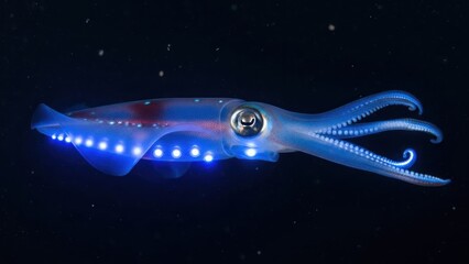 A vibrant squid with blue and red patterns swimming in the dark ocean.