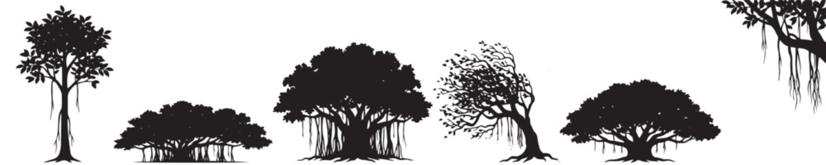 Collection of various tree silhouettes, including banyan trees with aerial roots, isolated on a white background.