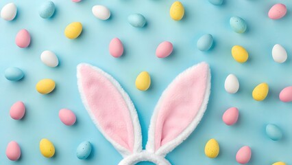 Fototapeta premium Pink and White Easter Bunny Ears Surrounded by Pastel Colored Eggs on a Light Blue Background