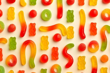 Colorful gummy worms and bears scattered on white background.