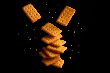 Golden rectangular crackers falling against black background