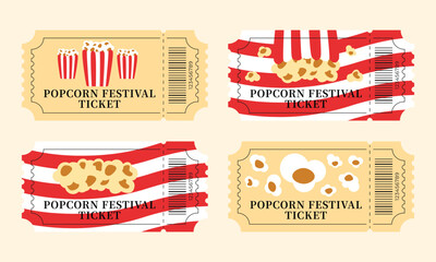 Retro popcorn festival tickets set for World Popcorn Day celebration and party events. Vintage style admission tickets with popcorn illustrations.