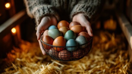 Farmer hands holding wire basket with fresh colorful organic chicken eggs in rustic barn on straw background backdrop Easter holiday food concept