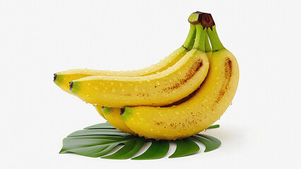 Fresh bunch of ripe yellow bananas with water droplets on a green leaf, isolated on white background, healthy tropical fruit