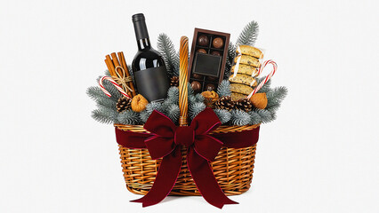A beautifully arranged woven basket filled with gourmet treats, including chocolates, cookies, and a bottle of wine, adorned with festive greenery and a large red bow