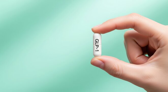 Hand holding white medical capsule or GLP-1 pill on mint green background for weight loss concept