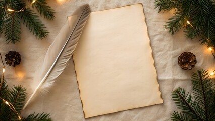 Rustic Quill And Parchment Surrounded By Evergreen Branches And Twinkling Lights