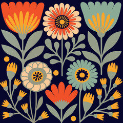 Abstract Floral Pattern with yellow and Red Flowers.