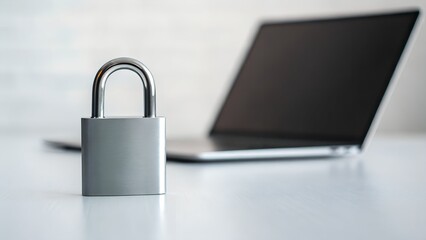 Silver Padlock In Front Of Laptop Computer With Black Screen On White Desk
