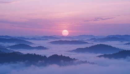 Mystical pink sunrise over foggy mountains creates a serene purple sky landscape
