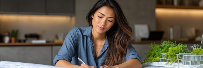 Asian female architect reviewing blueprints in modern office setting