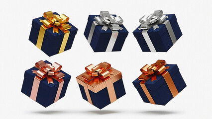 Stylish array of dark blue gift boxes featuring shimmering gold, silver, and rose gold ribbons, beautifully presented for festive moments and special celebrations