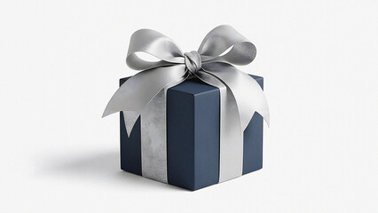 Elegant dark blue gift box with a luxurious silver satin ribbon and bow, perfect for a special celebration or a thoughtful present for any memorable occasion