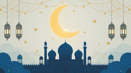 Ramadan kareem islamic mosque crescent moon lanterns celebration