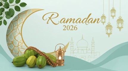 Ramadan 2026 crescent moon with dates and lanterns