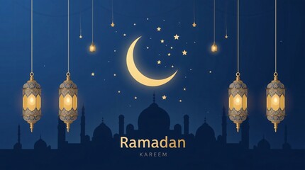 Ramadan kareem crescent moon and lanterns with mosque silhouette at night