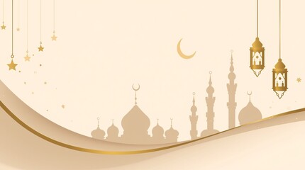 Islamic mosque silhouette with hanging lanterns and crescent moon