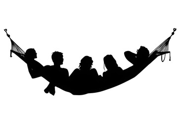 Lazy Day Lounging: A group of individuals relax in a hammock. The relaxed postures suggesting pure tranquility.