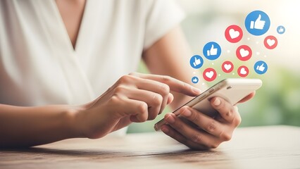 Woman using smartphone with floating social media icons above