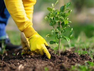 Planting a vibrant young tree in rich soil with bright sunshine and hope for a greener future