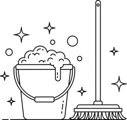 Line art illustration of cleaning bucket with bubbly soap suds and broomstick, symbolizing hygiene, tidiness, and domestic chores.