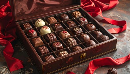 Luxurious assortment of fine chocolates in a gift box with red ribbon.