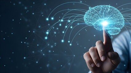 Human hand interacting with futuristic digital brain network interface