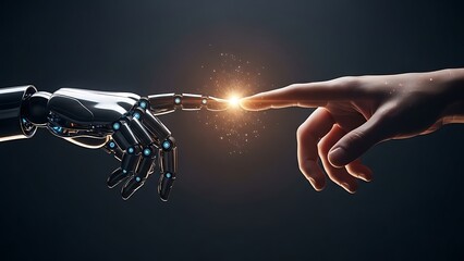 Future Contact Point: A human hand and a robotic hand touch fingertips in a dramatic, glowing spark, representing the profound connection between humanity and AI.
