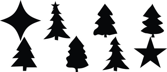 Set of black silhouette christmas trees and stars on white background